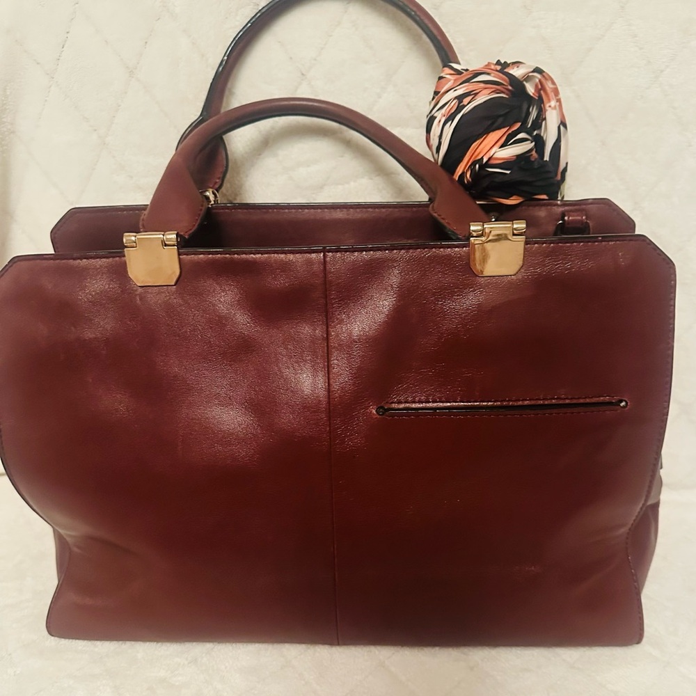 Coach Burgundy Leather Satchel with Cherry Charm and Floral Scarf - Picture 2 of 12